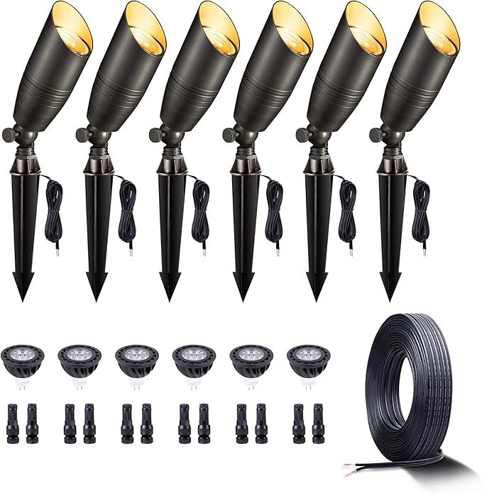 Gardenreet 12V Landscape Spotlight Bundle - 6 Pack Brass Spotlight 65FT 16/2 Cable Outdoor Waterproof LED Fixture for Garden Wall Tree with 5W 2700K Warm White MR16 Bulb