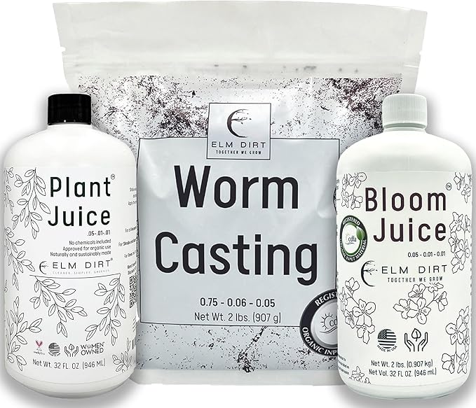 Elm Dirt Plant Juice Bloom Juice &amp Worm Castings Bundle - Organic Fertilizer for All Plants - Indoor &amp Outdoor Organic Plant Food and Soil Enhancer for Houseplants Vegetables &amp Gardens -