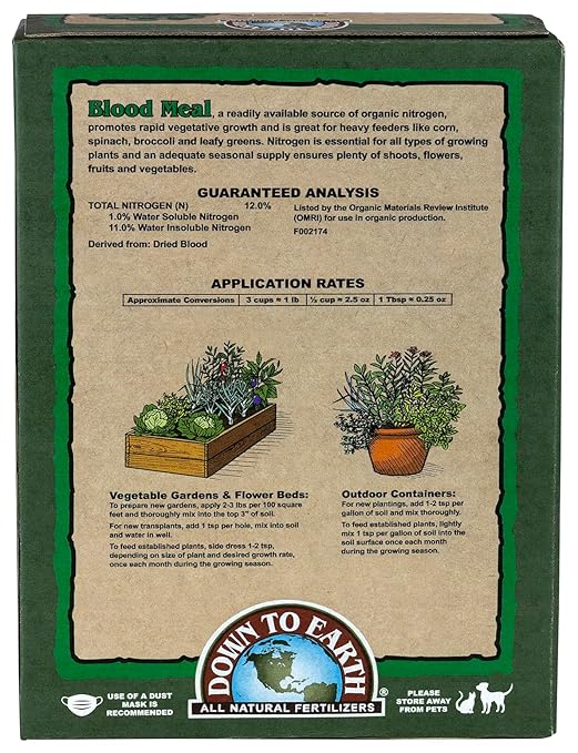 Down To Earth All Natural Fertilizers Organic Blood Meal - High Nitrogen Plant Food for Green Growth 12-0-0 4 lb