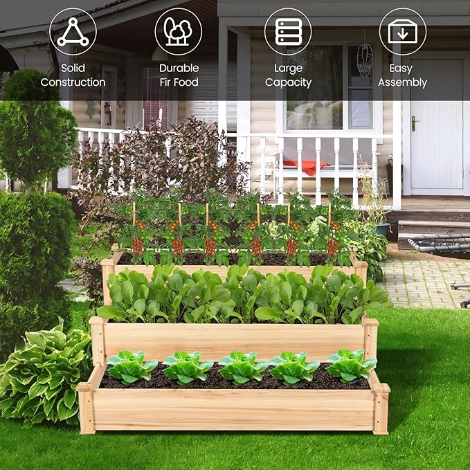 COSTWAY 3-Tier Raised Garden Bed Wooden Elevated Planter Box for Vegetables Flowers Herbs Fruits Outdoor Growing Planter Box Stand for Garden Backyard Patio Balcony