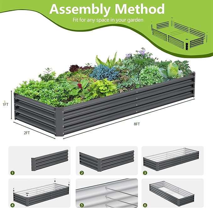 2PCS 8x2x1FT Galvanized Raised Garden Bed Galvanized Planter Raised Garden Boxes Outdoor Large Metal Raised Garden Beds for Vegetables-Grey