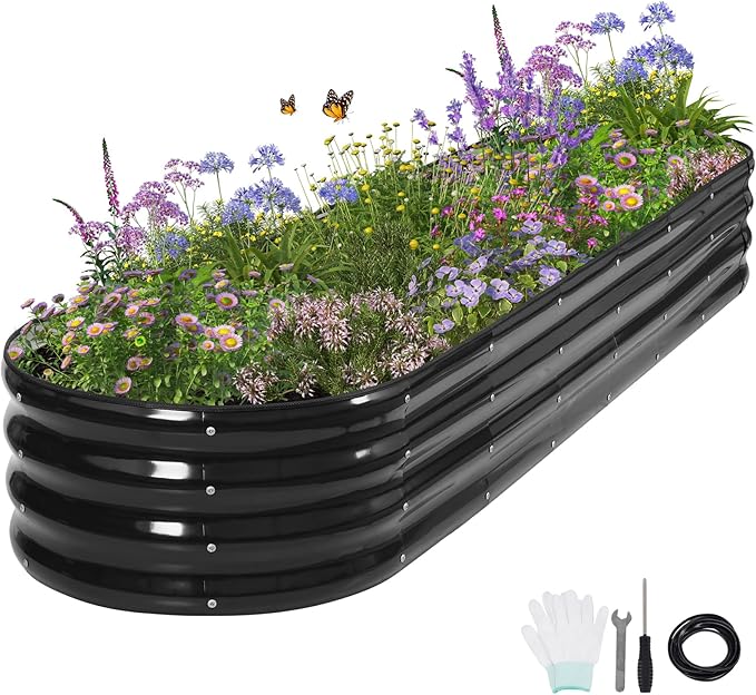 Galvanized Raised Garden Bed Outdoor- Raised Beds for Gardening| Metal Planter Box Steel Raised Garden Bed Kit with Safety Edging and Gloves for Vegetables Flower Herbs (8x2x1FT Gray)