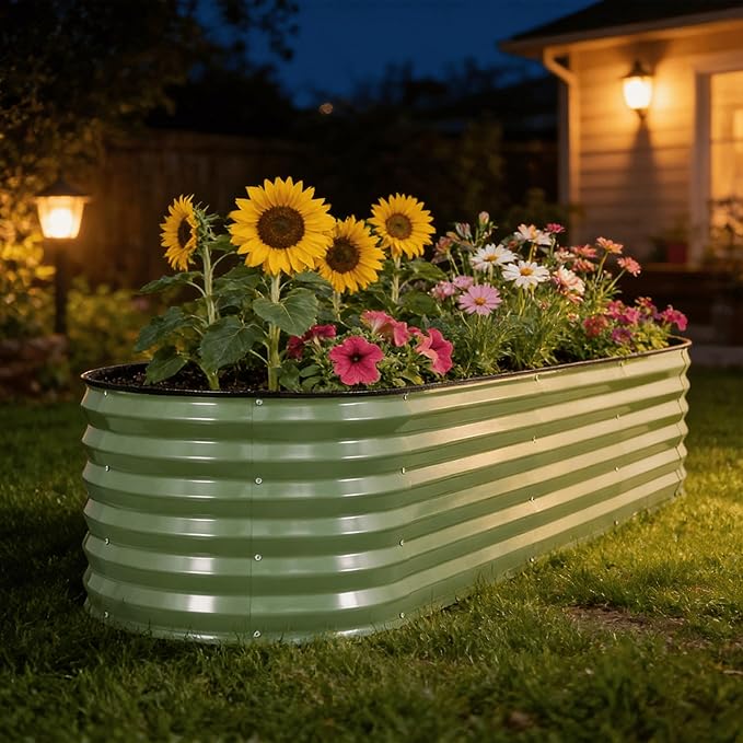 G GOOD GAIN Raised Garden Beds - 8x2x1.4ft Galvanized Planter Boxes Kit with Protective Tape &amp Gloves &amp Tools | Oval Metal Outdoor Raised Bed for Gardening Vegetables Fruits Flowers Herbs