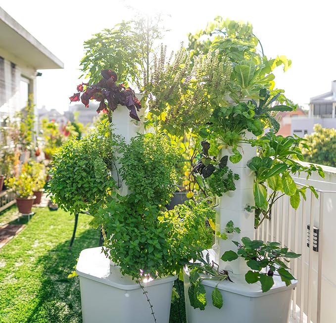 Standard Outdoor Vertical Hydroponic Growing System Kit Grow 27 Large Lettuce Vegetables Herbs Fruit | 20 Gallon Water Tank 20' Pump Cable Smart WiFi Timer | Easy Assembly &amp Use