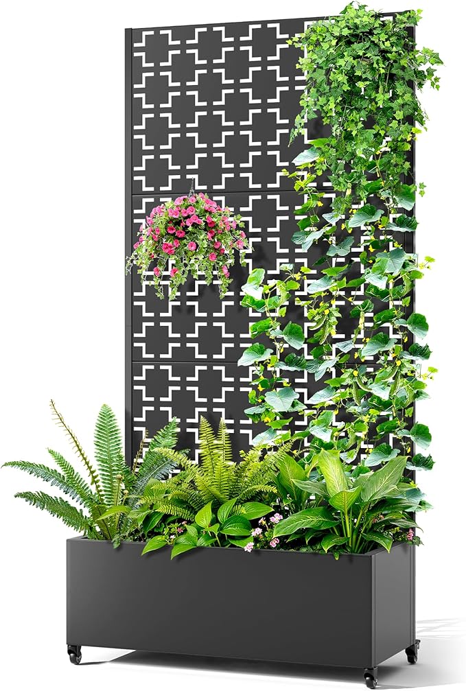 Metal Raised Garden Bed with Trellis 2-in-1 Planter Box &amp Privacy Screen for Climbing Plants Outdoor Standing Flower Bed with Drainage Holes 35.4 L x 15.7 W x 70.1 H Black-Square