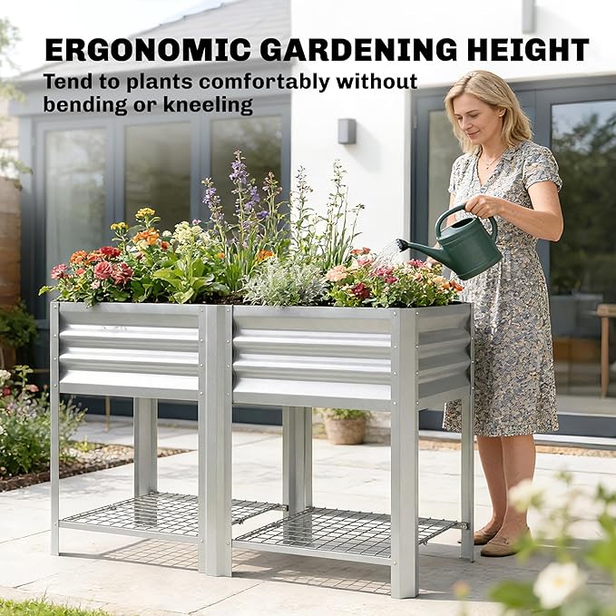 Outsunny Galvanized Steel Raised Garden Bed with Storage Shelf and Bed Liner Elevated Planter Box with Legs for Flowers Vegetables and Herbs for Outdoor Patio Yard Glove Included Silver