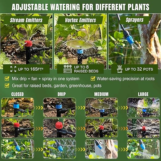 Drip Irrigation System Push-to-Connect Garden Watering System Kit for Raised Beds Expandable DIY Drip Irrigation Kit with 1/2 &amp 1/4 Tubing Adjustable Emitters Leak-Proof Connectors