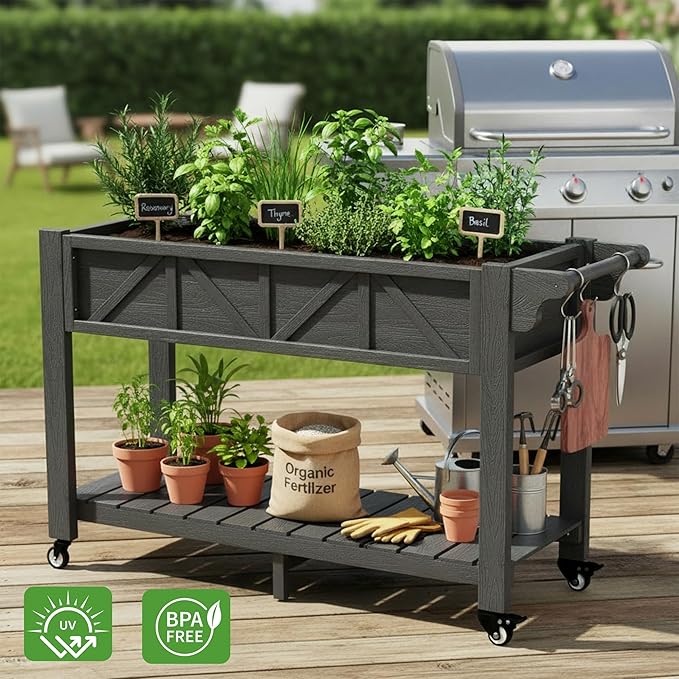 HIPS All-Weather Raised Garden Bed with Legs47.2L x 17.3W x 29.7H Large Elevated Planter Box with Wheels &amp HandleRaised Bed Planters with 3 Hooks &amp Non-Woven Liner for Vegetables Flower H