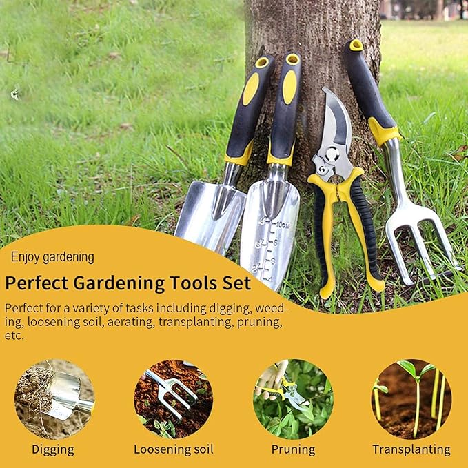 DINGFAN 5 Pcs Gardening Tools SetGarden Hand Tools Set Including Gloves Pruner Rake Transplant Trowel and Trowel for Gardener Garden Tools Kit