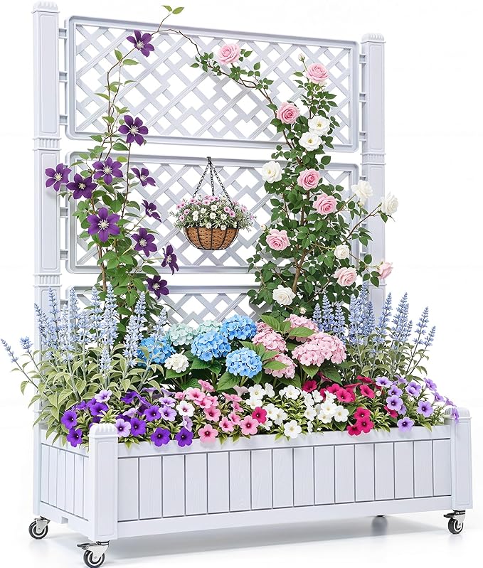 YITAHOME 42.5x14.2x61 in Planter Box with Trellis/Outdoor Privacy Screen All-Weather Raised Garden Bed with Wheels &amp Drain Plug for Climbing Plants Flowers Herbs White