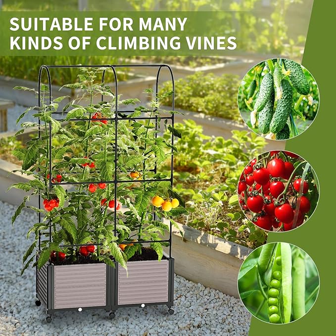 Raised Garden Bed Planter Box with Trellis 72.8'' Tomato Planters for Climbing Plants Vegetable Vine Flowers Outdoor Patio Tomato Cage Self Watering Planter with Wheels