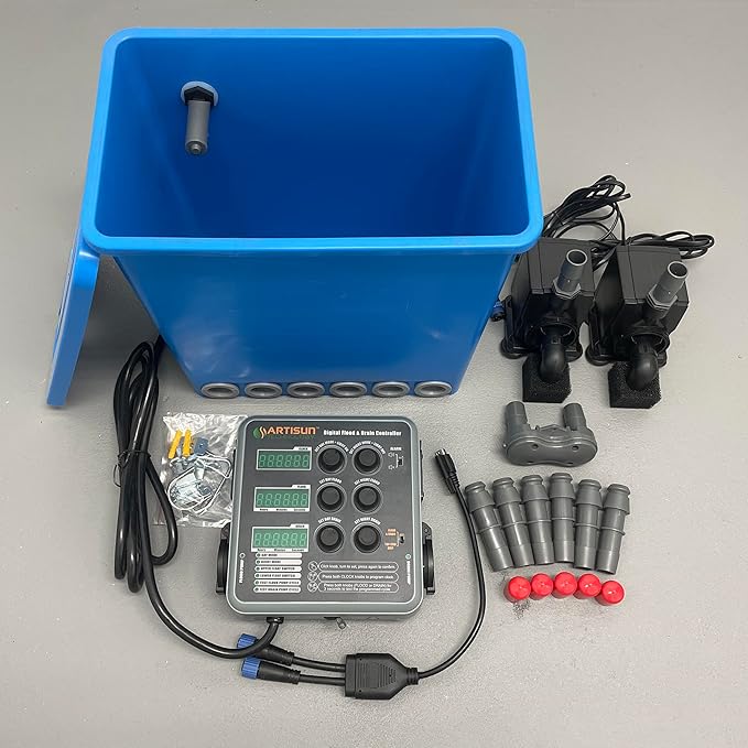 Flood and Drain RDWC Hydroponic Digital Controller with Pumps and Distribution Reservoir