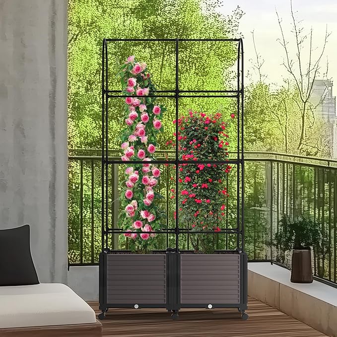 Raised Garden Bed Outdoor Planter Box with Trellis and Wheels Tomato Planter Cage with Trellis Indoor Outdoor Patio Self Watering Planters for Climbing Plants Vegetable Flowers