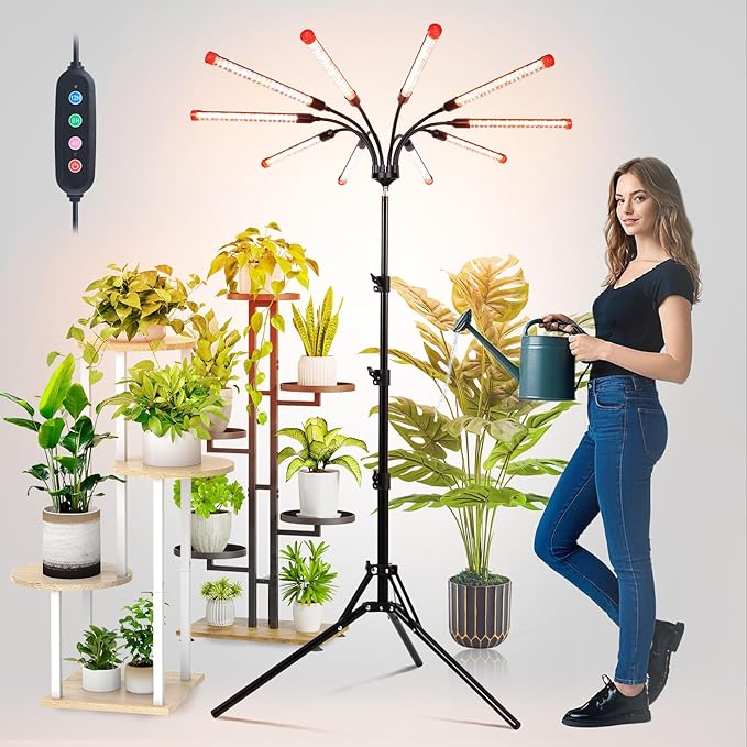 FECiDA Gamechanger! 90 Watt Power Draw NO Need Adapter 10Head Grow Light with Tripod Stand 2026 Big Coverage LED Grow Lights for Indoor Tall Plants Bonsai Tree 4/8/12/16/20H Timer