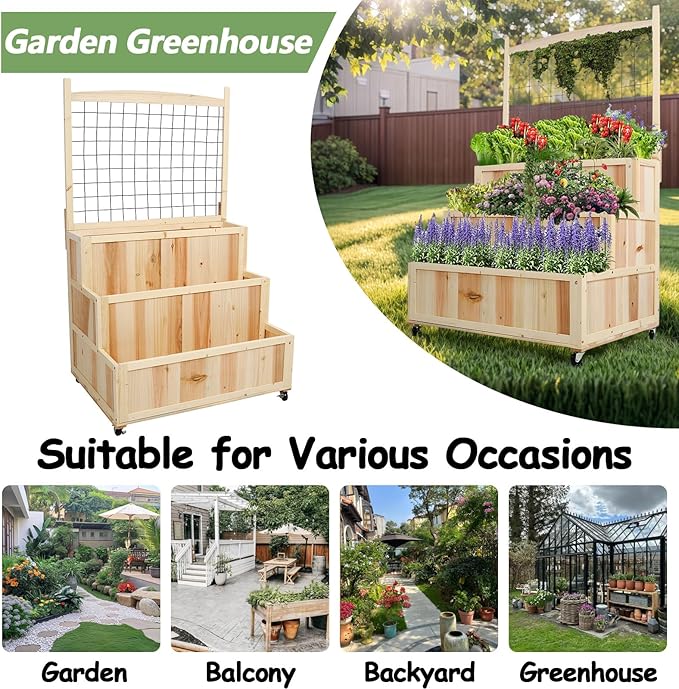 Raised Garden Bed with Legs Wooden Standing Planter Box with 8 Grids Divider &amp Protective Liner Patio Raised Planter Box for Vegetables Flowers Herbs (Natural Light Wood 31.50 Inch)