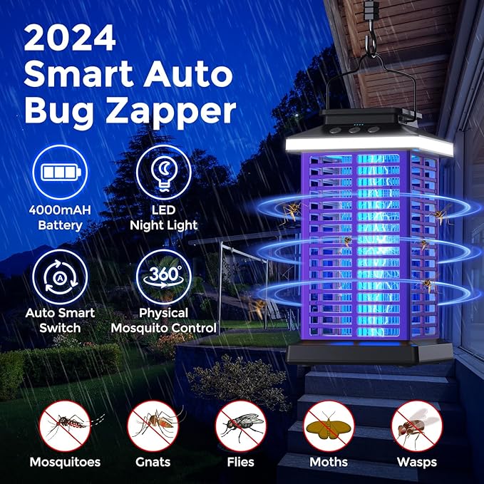 Bug Zapper Outdoor Mosquito Zapper 2 in 1 Portable &amp Rechargeable Bug Zapper Outdoor with 5000mAh Battery &amp LED Night Light 4000V Electric Fly Zapper for OutsidePatioBackyardGarden Purple