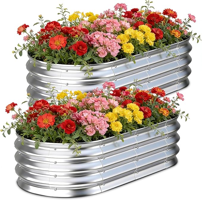 Galvanized Raised Garden Bed Outdoor 4x2x1ft(2Pack) Metal Heavy Duty Planter Boxes for Gardening Easy Assemble Small Oval Plant Container Kit for Vegetables Flowers Fruits Silver