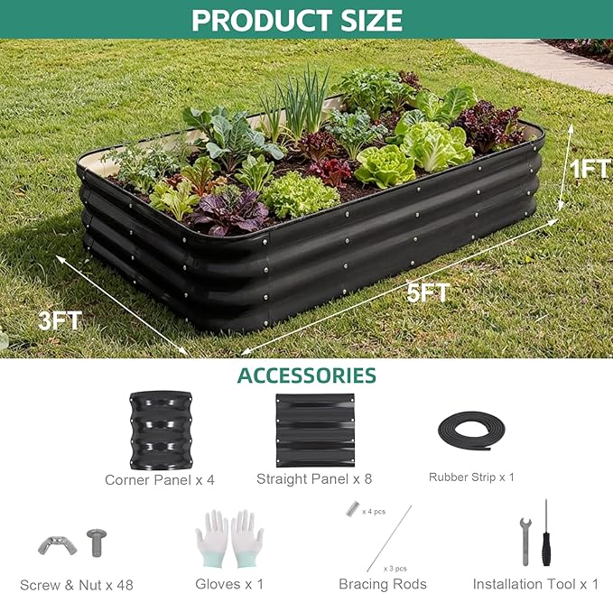 4 in 1Galvanized Raised Garden Bed - 5x3x1ft Modular Planter Box Outdoor | Metal Raised Bed Kit with Bracing Rods for Gardening Vegetables Flowers Fruits Herbs (Gray)