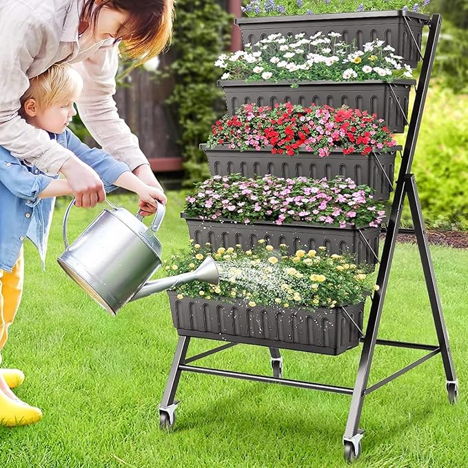 Suyncll Vertical Raised Garden Bed Planter Box 5 Tiers Vertical Garden Planter with Drainage System and 4 Hooks for Plants Vegetables Flowers (Black with Wheels)