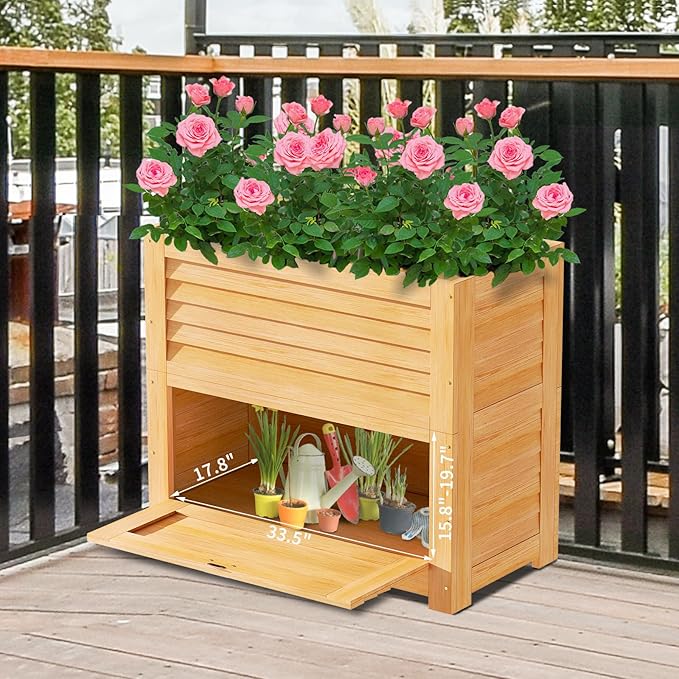 Raised Garden Bed with Extra Storage Compartments Outdoor 34 x 18 x 30 Wood Elevated Garden Box Wooden Planter Box for Herbs Vegetables Flowers Backyard Patio Balcony