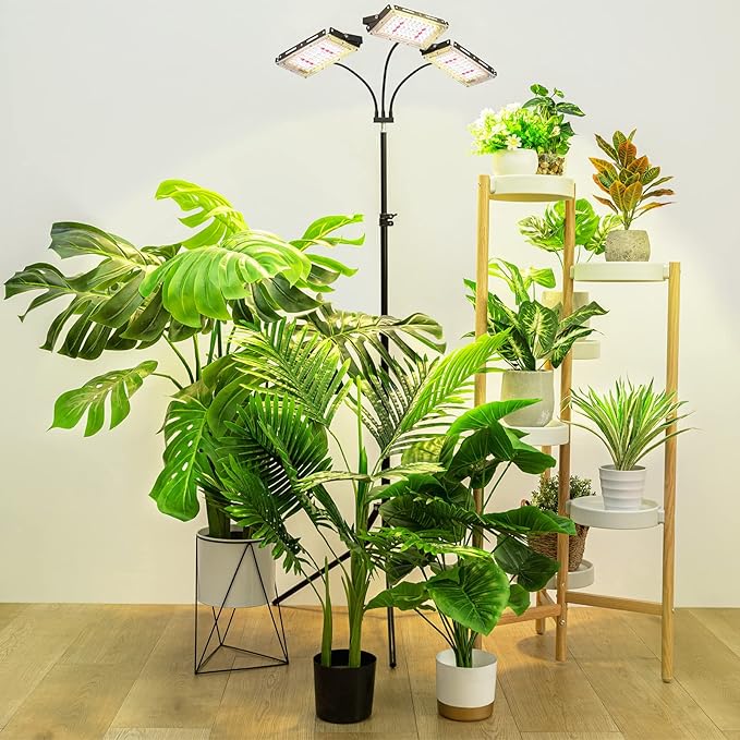 LORDEM Plant Grow Light with Stand Full Spectrum LED Growing Lamp Tri-Head with 3H/6H/12H Timer 6 Dimmable Levels 3 Lighting Modes 15-63 Adjustable Tripod