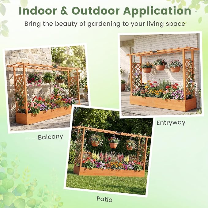 Giantex Wooden Raised Garden Bed with Trellis &amp Hanging Roof 2 Pack Fir Wood Planter Box 45” Freestanding Elevated Garden Bed for Outdoor Climbing Plants Vegetables Flowers Patio &amp Balcony