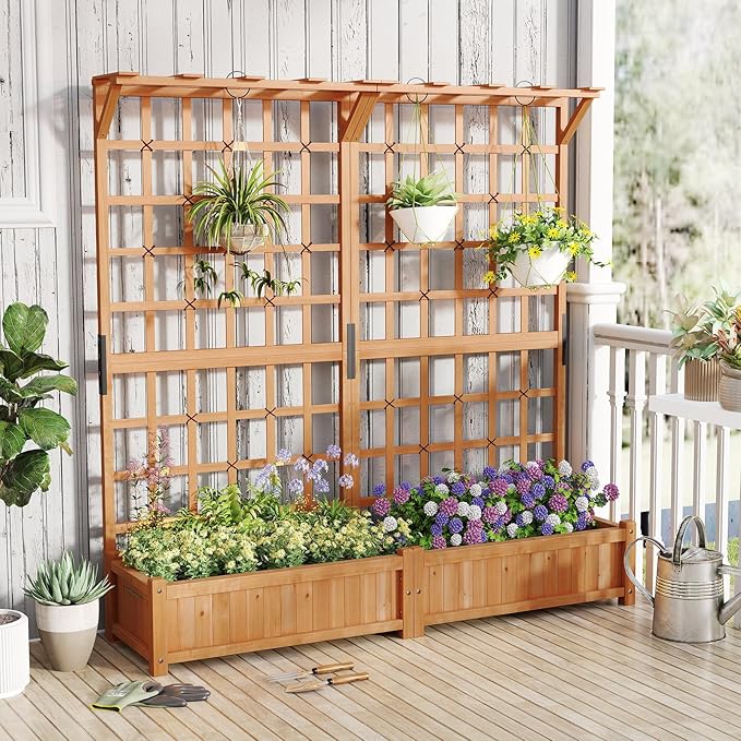 Large Raised Garden Bed with Trellis 72 Wood Planter w/Lattice Panels Hanging Roofs &amp Drainage Holes Freestanding Planter Box for Climbing Plant Flower Vine Outdoor Yard Balcony Porch