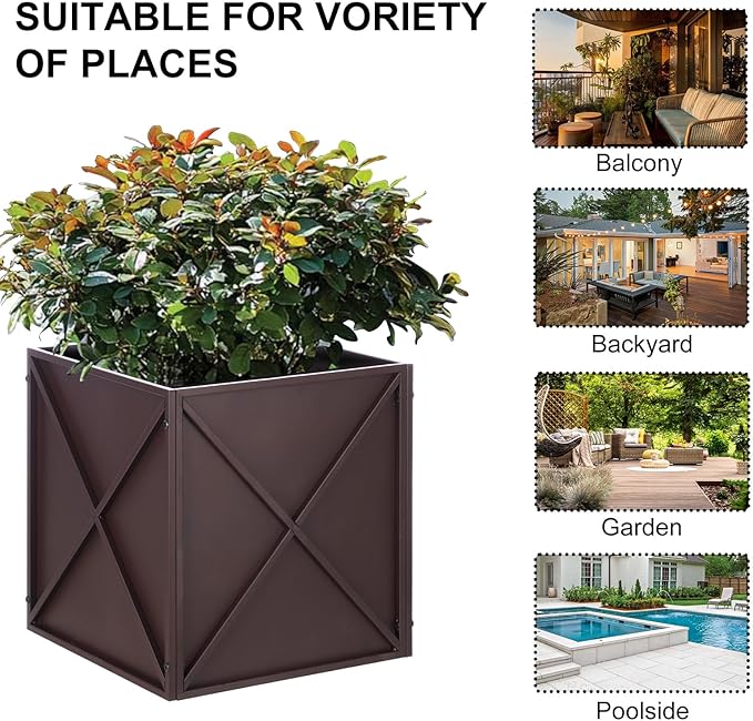 SUNNYPARK Large Metal Planter Box 17”x 17”x 18” Square Modern Brown Metal Planter Box Heavy Duty with Drainage Holes for Outdoor Garden Patio