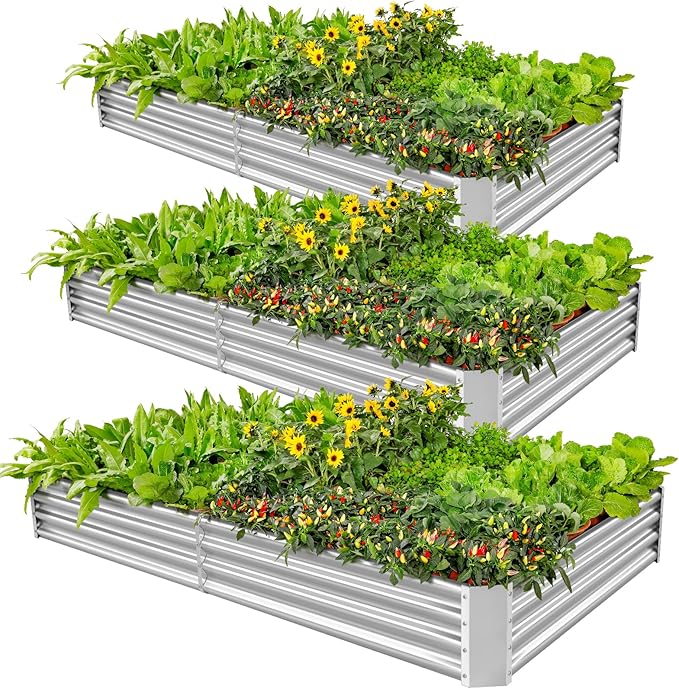 Land Guard 3 Pack 6×3×1ft Galvanized Metal Raised Garden Bed Metal Planter Kit Box Outdoor for Deep-Rooted Vegetables Flowers Green and Herbs Silver