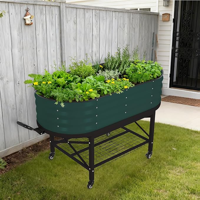 CABIHOME Galvanized Raised Garden Bed Kit with Cover Legs &amp Storage Rack Sturdy Metal Planter Box for Vegetables Flowers &amp Herbs – Corrosion-Resistant Mobile on Wheels Green