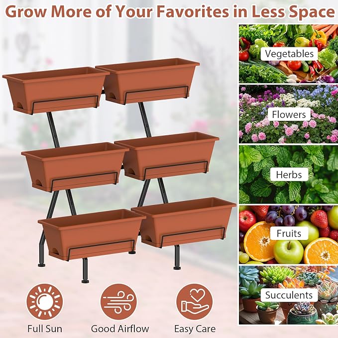 Sunexinlo 3-Tier Vertical Garden Planter with 6 Boxes 31 Tall Raised Garden Bed with Adjustable Feet for Herbs Flowers Vegetables Ideal for Indoor Outdoor Patio Balcony Deck Use Brick Red