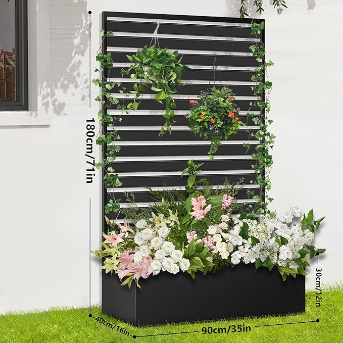 Metal Raised Garden Bed with Trellis 2 in 1 Trellis with Planter Box &amp Privacy Screen for Climbing Plants Vine Outdoor Standing Flower Beds with Drainage Holes 35 L x 16 W x 71 H Black
