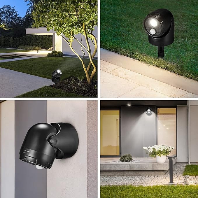 Large 2-in-1 LED Motion Sensor Outdoor Spotlight IP44 Waterproof 450 Lumen Battery Operated Landscape Light Adjustable Wall Light for Yard Garden House 2 Pack (Black)
