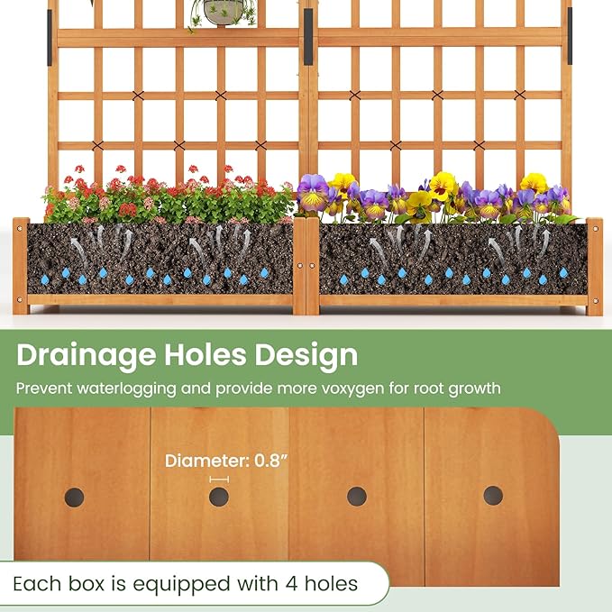 72” Planter Box with Trellis - Large Wooden Freestanding Garden Planter w/Hanging Roof 8 Drainage Holes &amp Lattice Panel - Raised Garden Bed with Trellis for Climbing Plants Flowers Vine