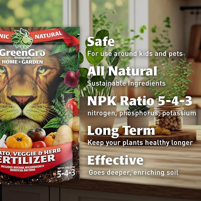 GreenGro Veggie Herb &amp Tomato Fertilizer - Outdoor &amp Indoor Plant Food for Edible Plants/Organic Fertilizer &amp Flower Food for Vegetable Garden/Improve Harvest with Vital Plant Nutrients