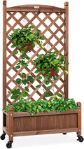 Best Choice Products 60in Wood Planter Box &amp Diamond Lattice Trellis Mobile Outdoor Raised Garden Bed for Climbing Plants w/Drainage Holes Optional Wheels - Walnut