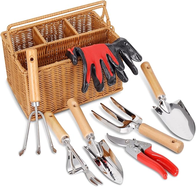 SOLIGT Garden Tools Set with Basket Heavy Duty Stainless Steel Gardening Hand Tool with Wood Handle Pruning Shears Gloves - Perfect Gardening Gifts Planting Supplies for Women Men