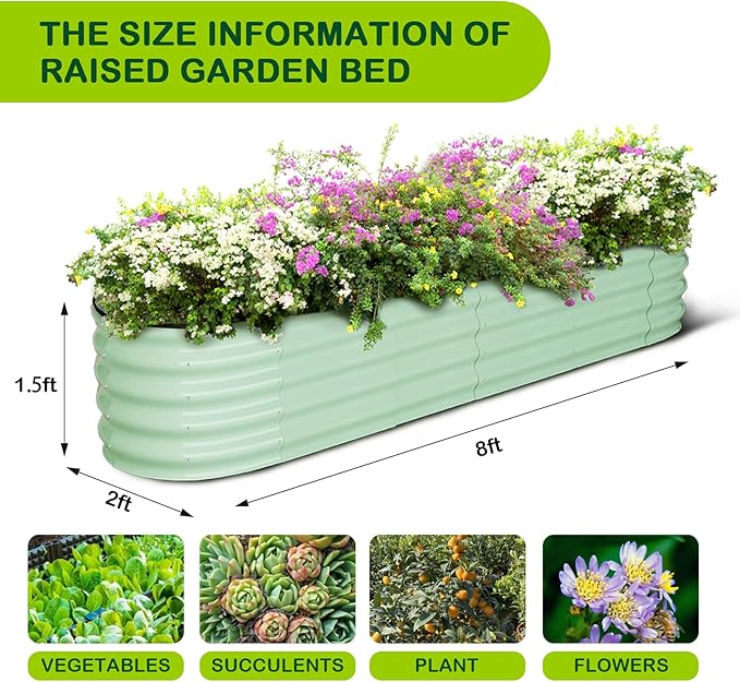 8x2x1.5ft Galvanized Raised Garden BedPlanter Raised Garden Box OutdoorRaised Planter BoxLarge Planter Raised Bed for Vegetables Flowers FruitsRubber Edge Green