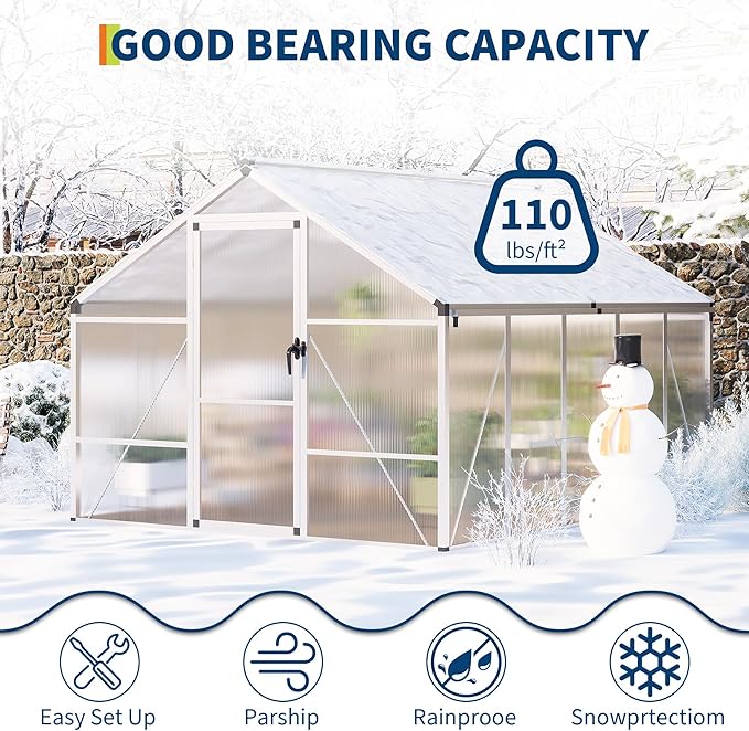 8X10 FT Outdoor Polycarbonate Greenhouse Sturdy Aluminum Frame Adjustable Roof Vent Ideal for Backyard Patio or Garden All-Weather Green House for Growing Plants and Vegetables