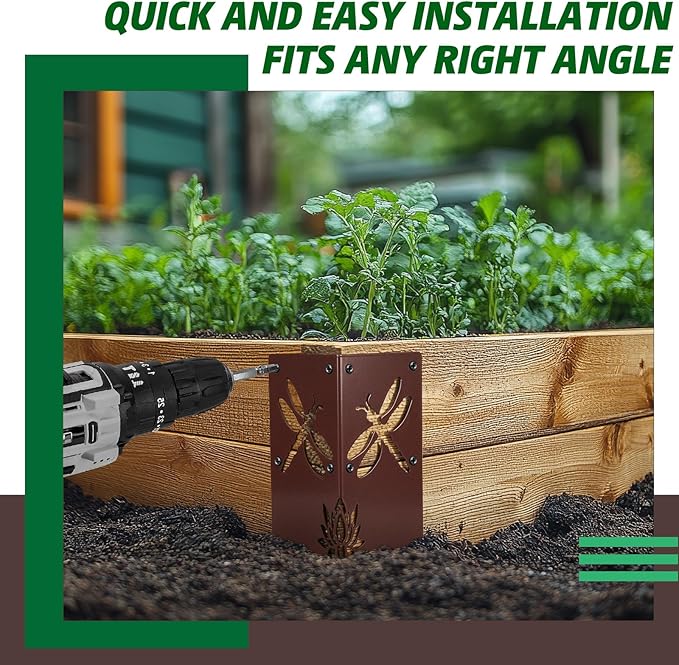 Duraaamo Set of 4 Raised Bed Garden Corner Brackets with Screws 8'' Dragonfly Garden Flower Raised Bed Corners 90 Degree Right Angle Heavy Duty Brace for DIY Flower or Vegetable Garden Brown
