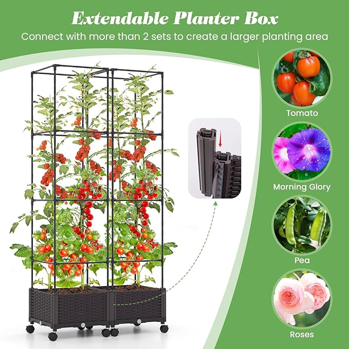 S AFSTAR Raised Garden Bed with Tomato Cage 67 Planter Box W/Trellis &amp Lockable Wheels Free Height Combination Self-Watering Plastic Garden Box Plant Container for Climbing Plants Vegetable (1)