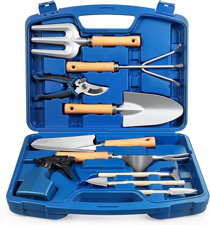 12-Piece Gardening Tool Set for Men Rust-Proof &amp Heavy-Duty Hand Garden Tools with Sturdy Blue Carrying Case Practical &amp Stylish Gardening Gifts for Men (Blue)
