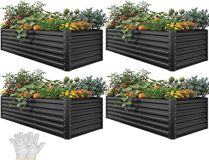 YITAHOME 8x4x2 ft 4pcs Galvanized Raised Garden Bed Kit Large Metal Planter Box with Gloves Safety Rubber &amp Support Rod Outdoor Flower Bed for Plants Vegetables Black