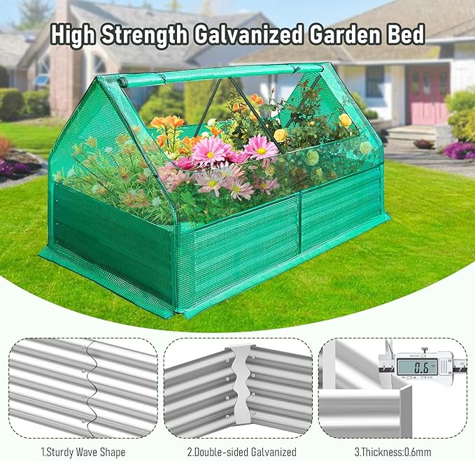4 x 3 x 1 ft Garden Bed Galvanized Raised Covered Metal Planter Box Kit with 2 Large Screen Window Mini Greenhouse 20 T Labels Free 1 Pair Gloves for Growing Vegetables Outdoors (4 x 3 x 1 ft)