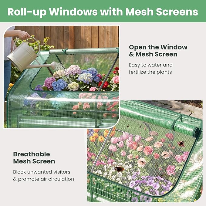HAPPYGRILL Raised Garden Bed with Cover Outdoor Planter Raised Bed w/2 Large Zipper Mesh Screen Windows Galvanized Metal Planter Box for Gardening Flowers Vegetables (Green &amp Silver)