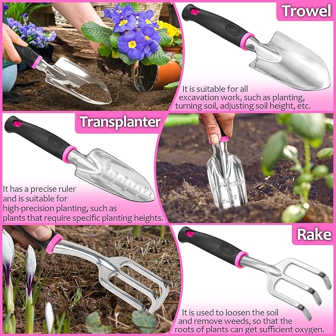THINKWORK Pink Garden Tools Gardening Gifts for Women with 2 in 1 Detachable Storage Bag Trowel Transplanter Rake Weeder Cultivator Purning Shears and 3 Additional Protection Tools