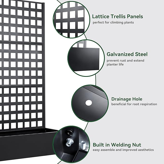 Metal Planter Box with Trellis 71x47x16 Raised Garden Bed Outdoor with Privacy Screen &amp Lattice Trellis &amp Lockable Casters Vertical Garden Box with Drainage Hole for Climbing Plants Vege