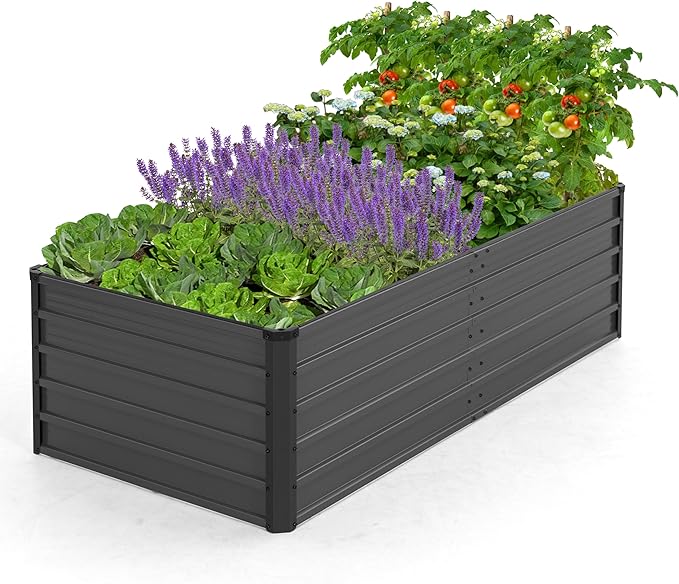 NUU GARDEN 6x3x2ft Rectangular Galvanized Raised Garden Bed for Gardening Elevated Planting Metal Planter Box Outdoor Patio Planting Bed for Vegetables Flowers Herb Dark Gray