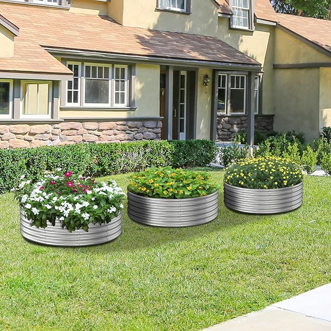PINPON 4x4x1ft Round Galvanized Raised Garden Bed Outdoor Large Metal Planter Box for Vegetables Flower and Herb Garden Above Ground Galvanized Steel Garden Bed for Backyard Patio