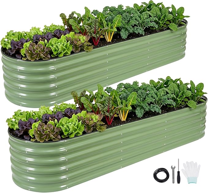 INNO STAGE Galvanized Raised Garden Bed Kits 8x2x1.4FT Metal Raised Garden Beds Outdoor 17'' Tall Large Steel Raised Planter Bed for Vegetables &amp Flowers Patio Ground Planter Box (Olive Green 2